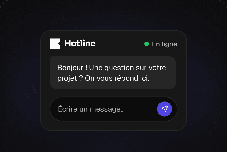 Aperçu du widget de chat Hotline avec un message de bienvenue et un champ de saisie