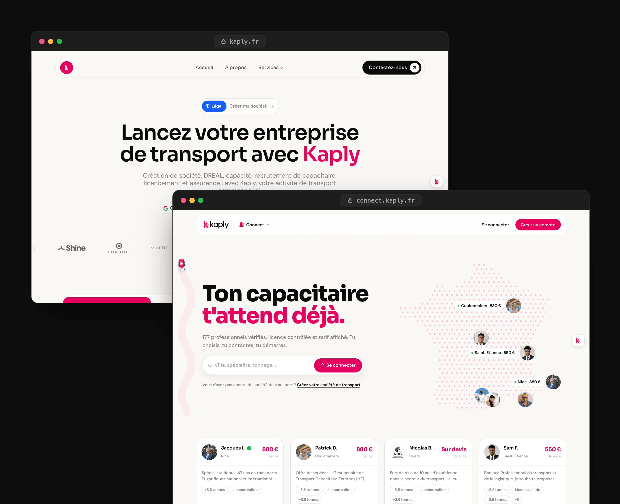 Aperçu du hub kaply.fr et de la plateforme Kaply Connect dans deux fenêtres de navigateur