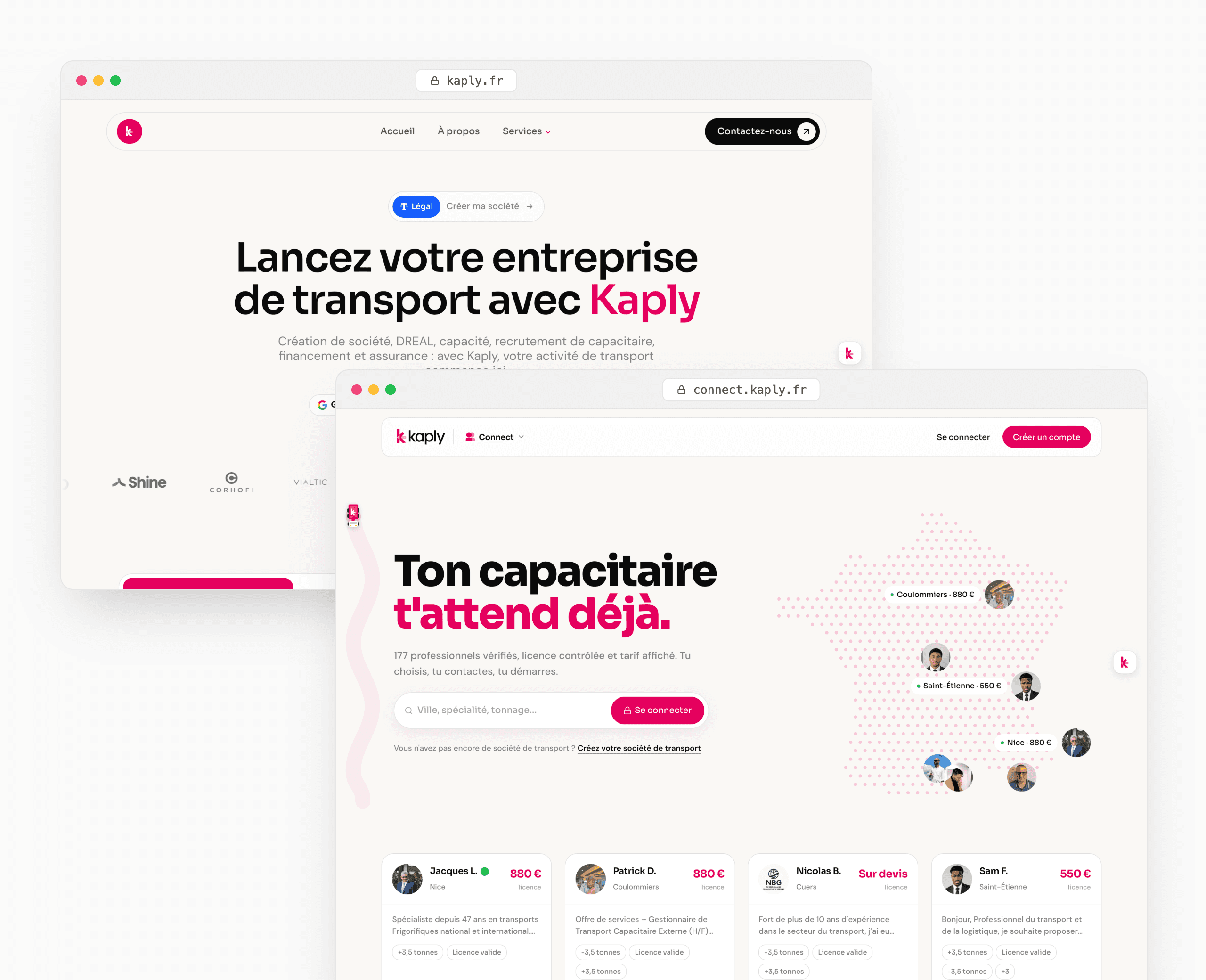 Aperçu du hub kaply.fr et de la plateforme Kaply Connect dans deux fenêtres de navigateur